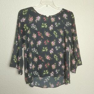 Papermoon Womens Black Floral Print 3/4 Sleeve Back Zipper Blouse Sz L Lightweit